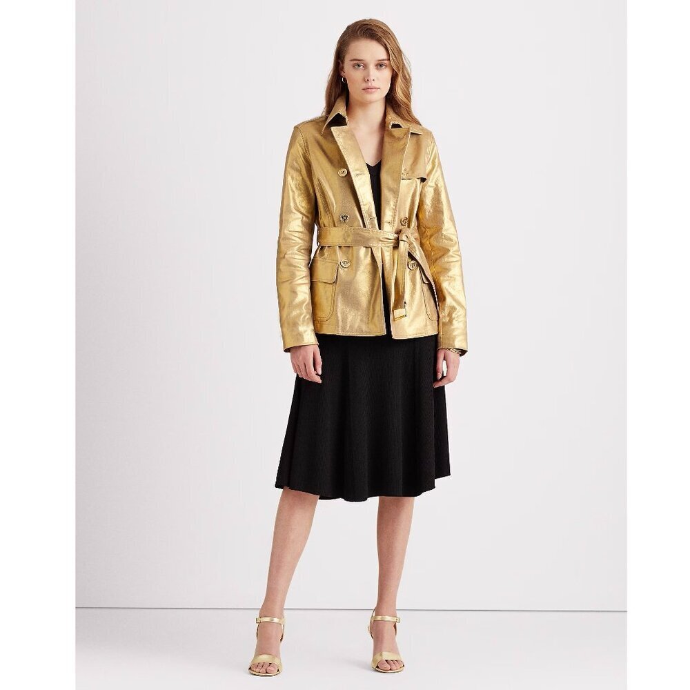 Lauren Ralph Lauren Jeans coated Gold short trench coat w/ belt size size Medium